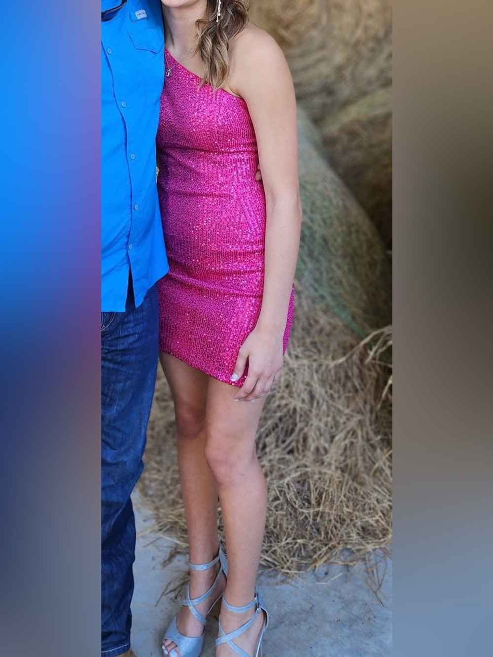 Sparkling One-Shoulder Sequin Mini Dress in Hot Pink